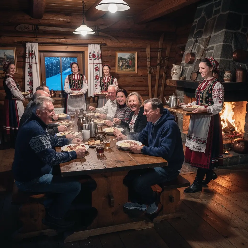 Skiers gracefully navigating down a slope surrounded by stunning snowy vistas in the Slovakian mountains.