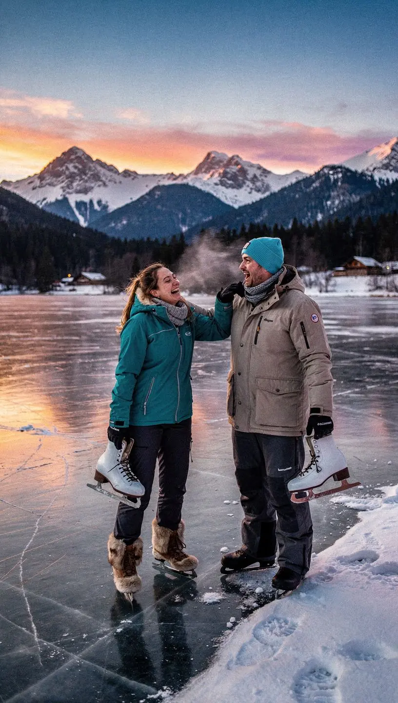 A frozen lake reflecting the clear blue sky, with snow-dusted hills in the background, perfect for outdoor activities.