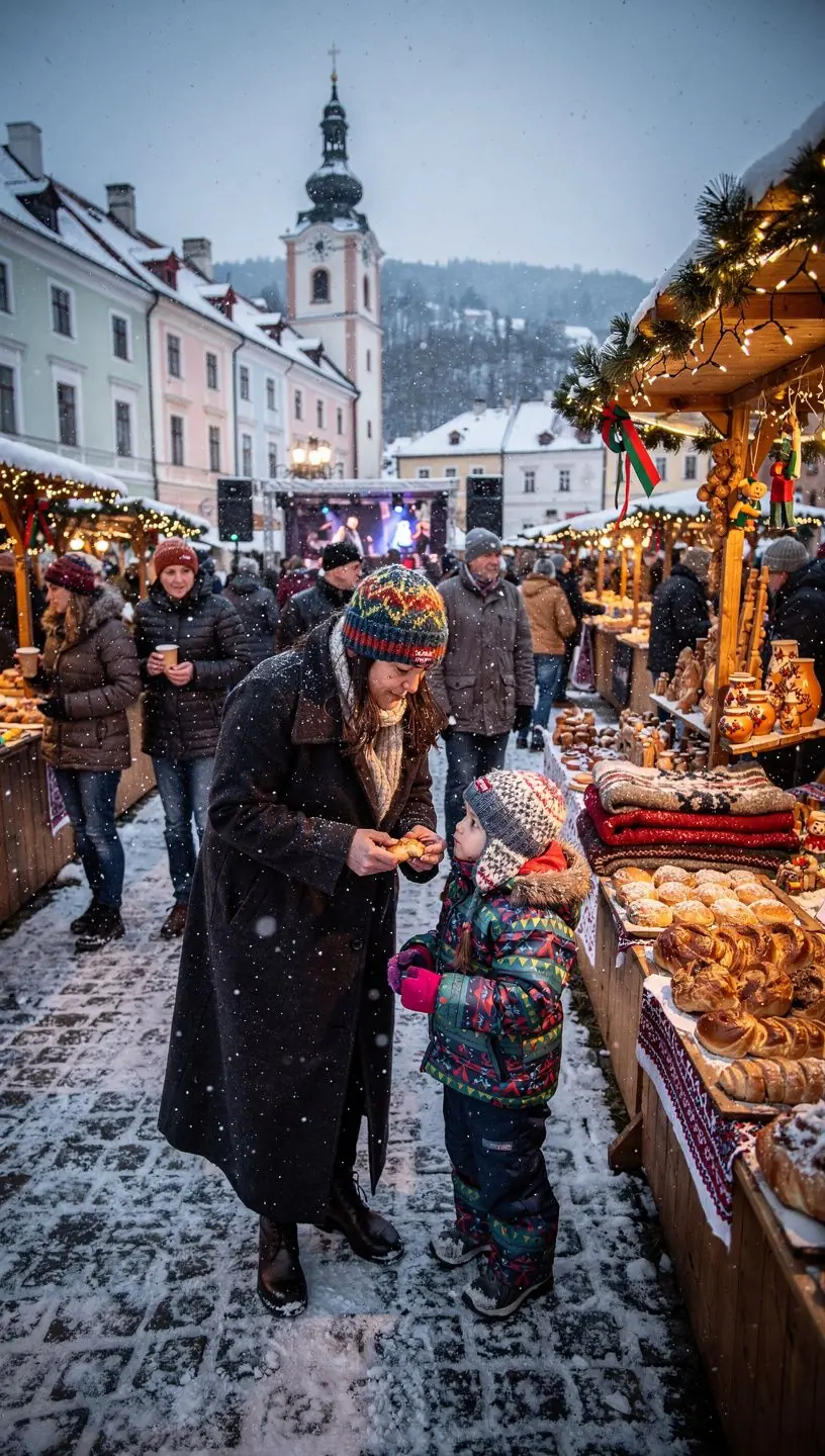 A group of hikers bundled in warm gear, exploring a scenic winter path lined with snow-laden branches.